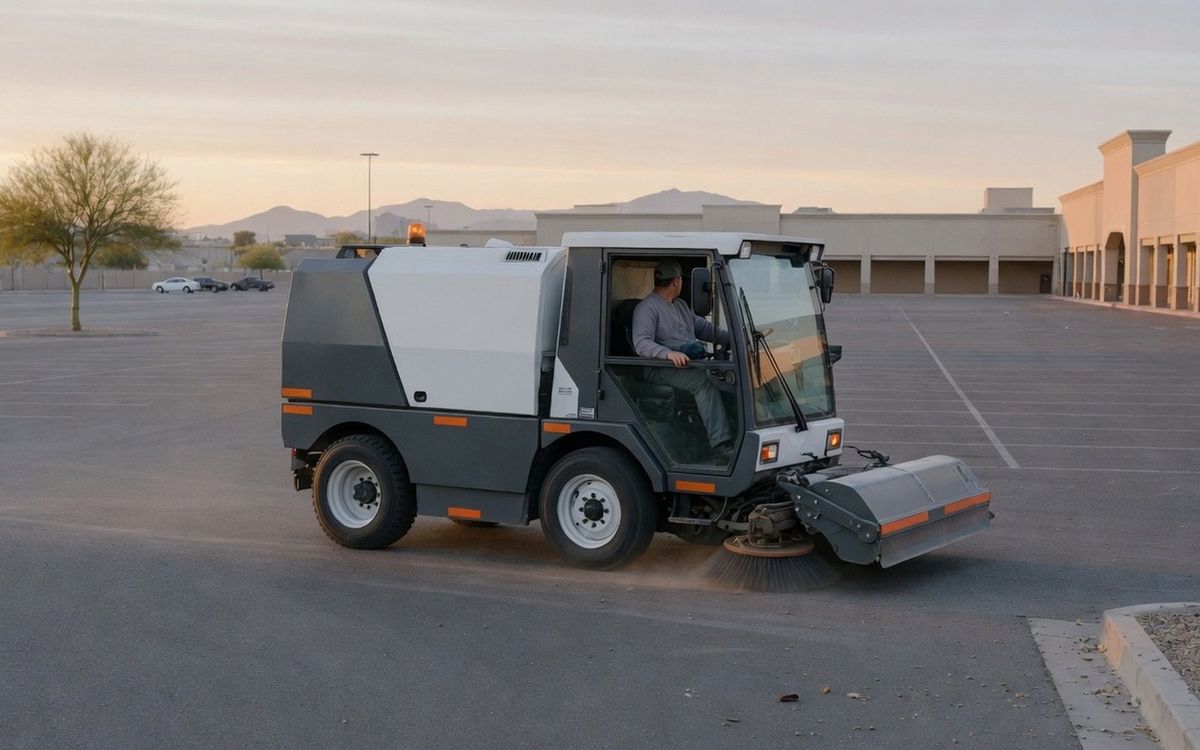 Illustration of a parking-lot sweeper at dawn