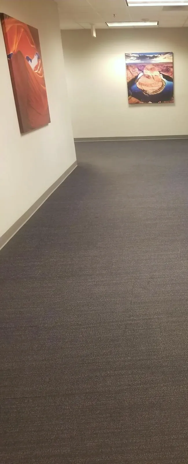 Carpeted office hallway with framed art on the walls
