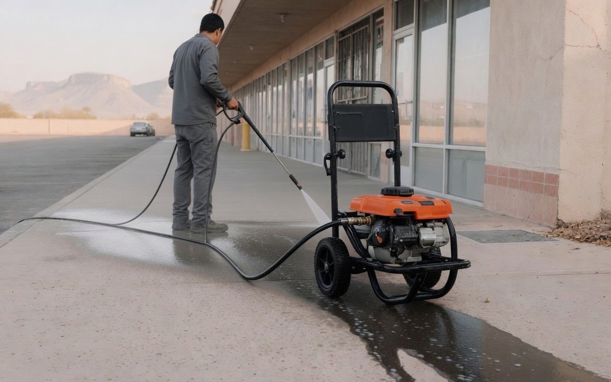 Illustration of pressure washing a commercial walkway